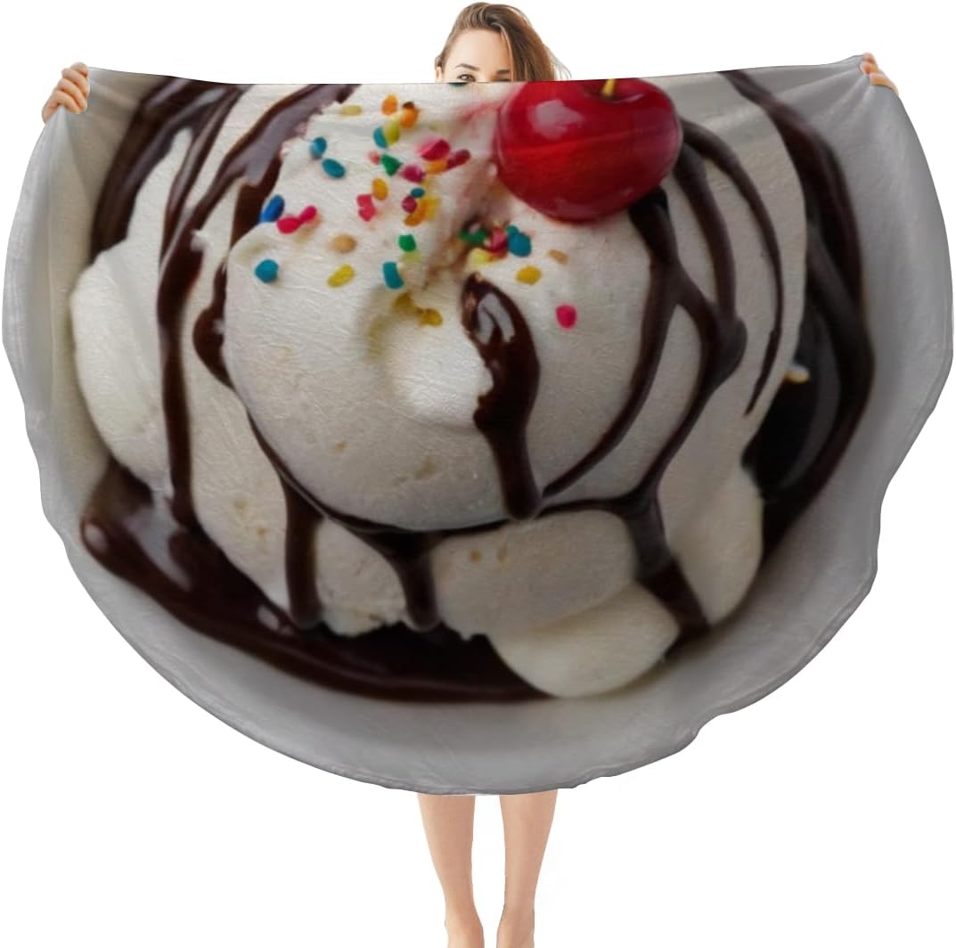 Novelty Round Cute Foodie Throw Blanket for Home, Couch, Bed, Dorm Decor Realistic Vanilla Ice Cream Sundae with Chocolate Syrup Summer Favorite Design Funny Favorite Food Lover Gag Gifts