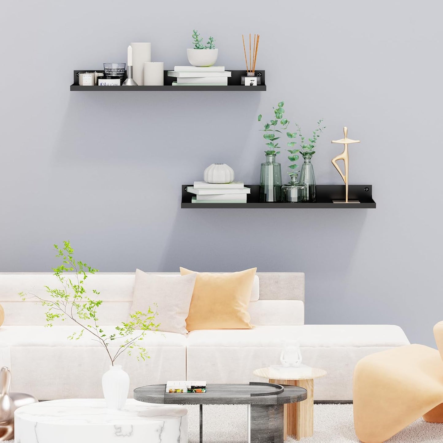 PEKGRIL 4 Pack Metal Floating Shelves, 17x6 Inch Large Wall Mounted Shelf for Storage, Black Kids Bookshelf, Display Ledge Shelves with Lip for Bathroom, Bedroom, Living Room, Bathroom, Kitchen