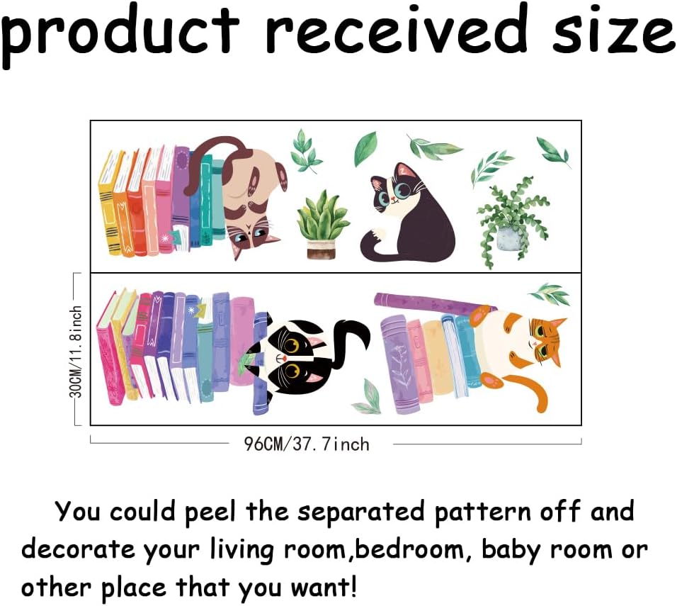 SUPERDANT Cats Reading Wall Sticker Book Plants Wall Decal Peel and Stick Classroom Vinyl Art Decals Cat Kitty Nursery Decor for Kid's Room Bedroom Livingroom Study Room Decoration Back to School