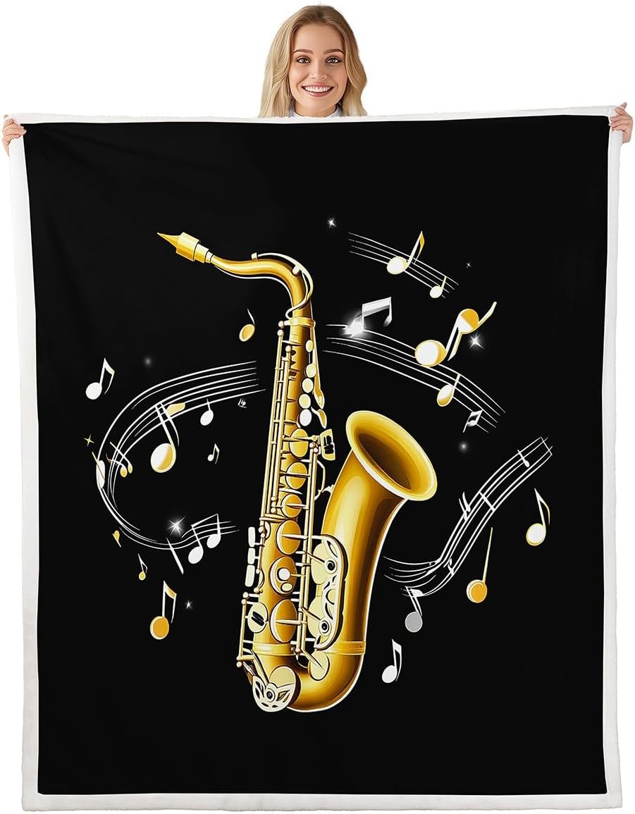 Erosebridal Saxophone Sherpa Blanket With Rotating Musical Notes - Fleece Throw for Kids, Boys, Girls - Retro Jazz Music Theme Fuzzy Decor for Sofa - Queen 90"x90" Gold Black