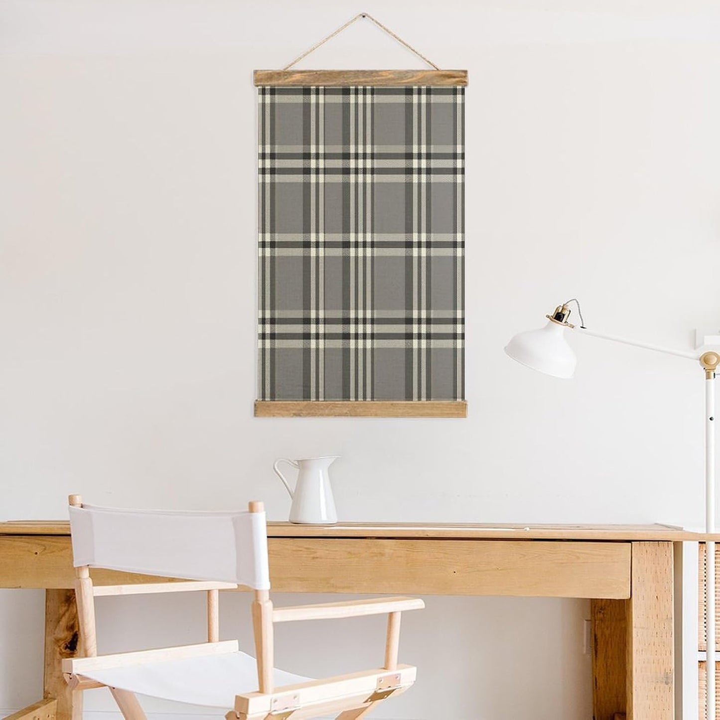 Vintage Gray Plaid Lines Poster with Wooden Frame Personalized Linen Hanging Scroll Painting Rustic Wall Hanging Illustrative Modern Artwork Decor for Home Living Room Bedroom Office