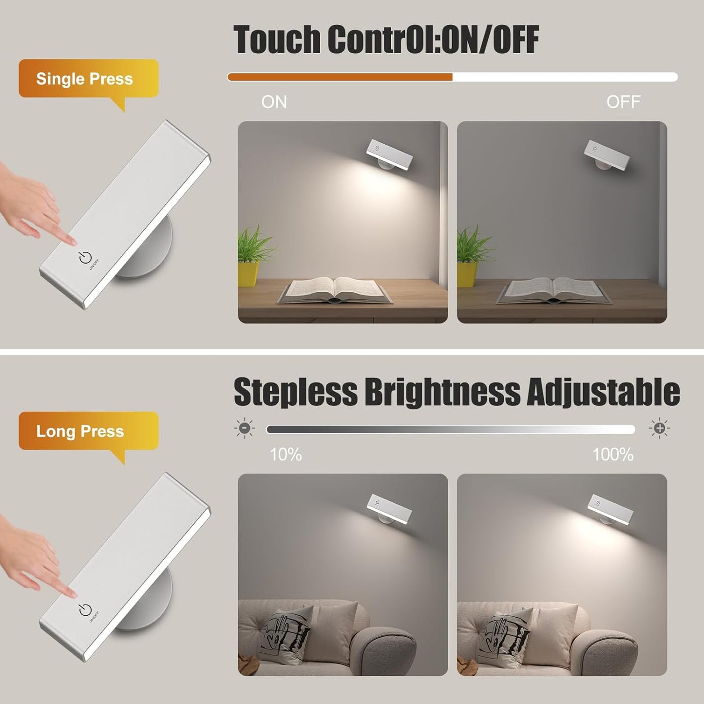 Honalia Rechargeable Wall Lights 2 Pack, Dimmable Cordless Wall Sconce with Magnetic 360° Rotation & Touch Control, Battery Powered Wall Mounted Lamp for Bedroom, Bedside Reading, Renters (No Wiring)