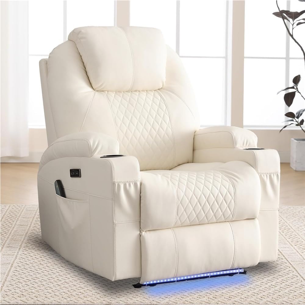 Beige Electric Power Recliner Chair with Heat and Massage Single Seat Theater Seating Upholstered Lounge Sofa Cup Holders USB Port for Adults Living Room Reclining Furniture