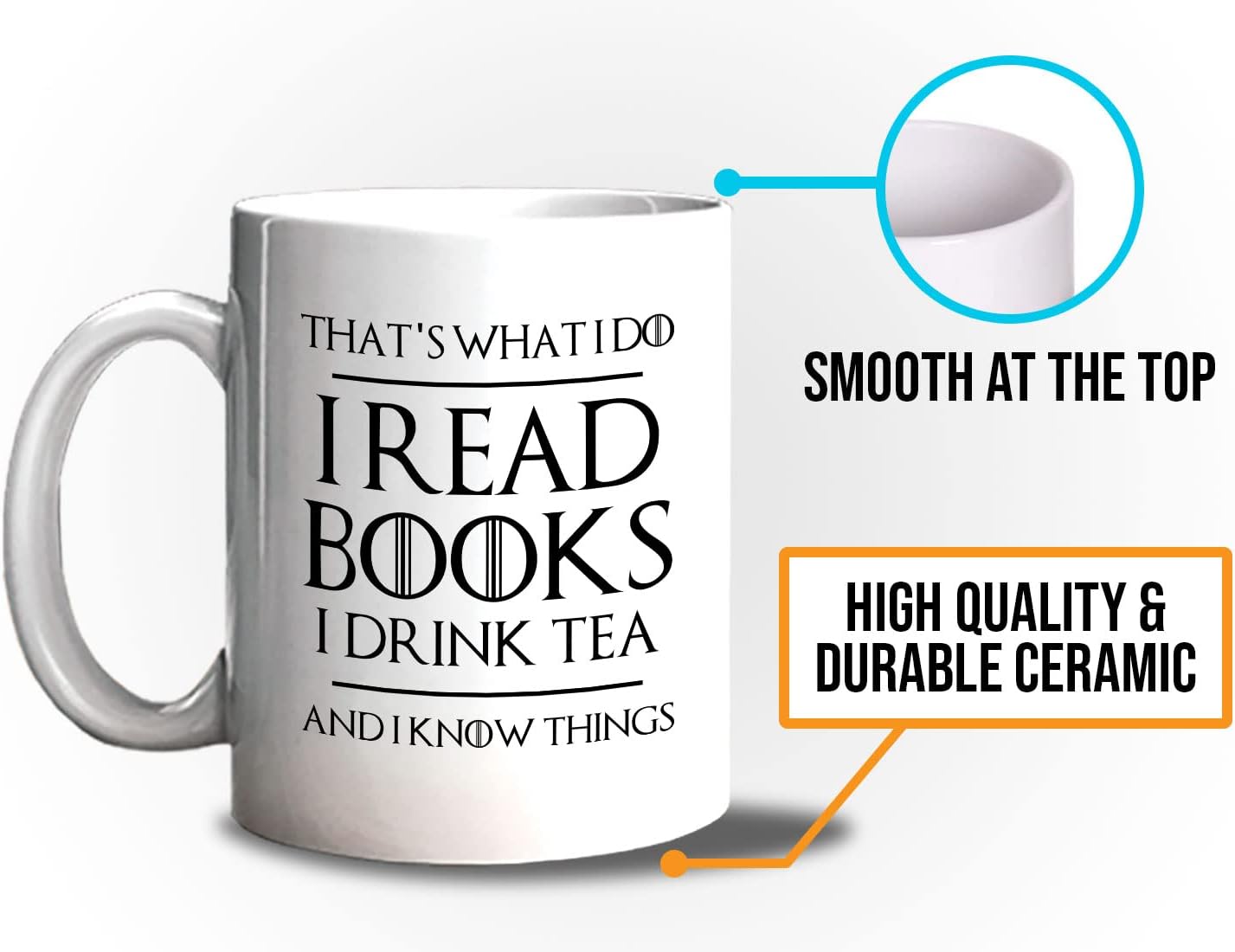 Book Lover Coffee Mug 11oz White - Read Books Drink Tea and Know Things - Gift for Reader Tea Lover Bookish Novelist Librarian Writer