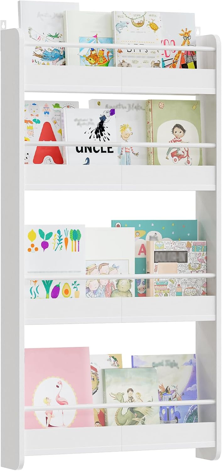 Kids Bookshelf, 4-Tier Wall Mount Bookshelf for Kids, Wooden Nursery Bookshelves, Hanging Book Shelf for Kid Room, Playroom, Bedroom, Living Room, White BKBW7601N1