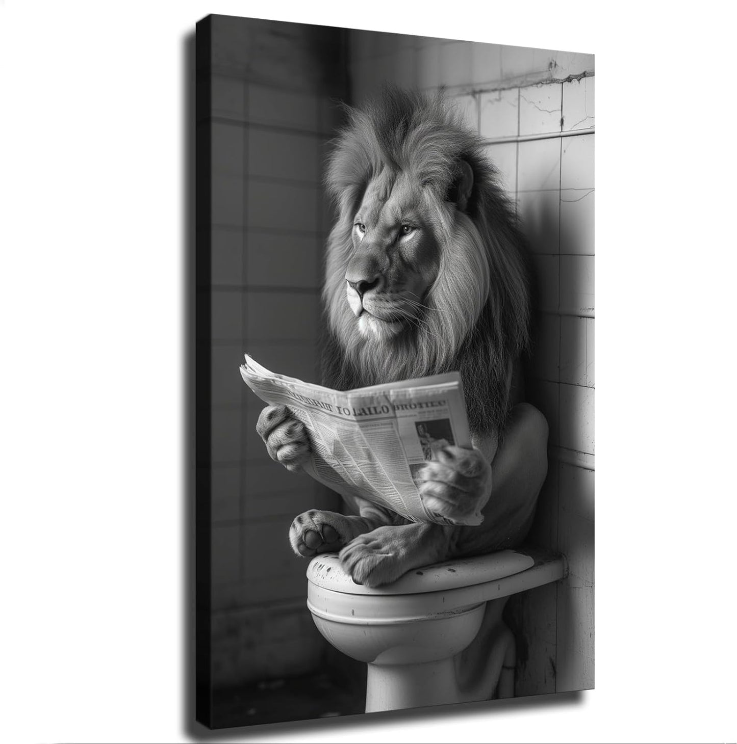 Black and White Photo of A Lion Reading A Newspaper on A Toilet Print Poster Picture HD Print Poster Retro Painted Modern Home Bedroom Room Aesthetic Decoration Canvas Art (08x12inch Unframed)