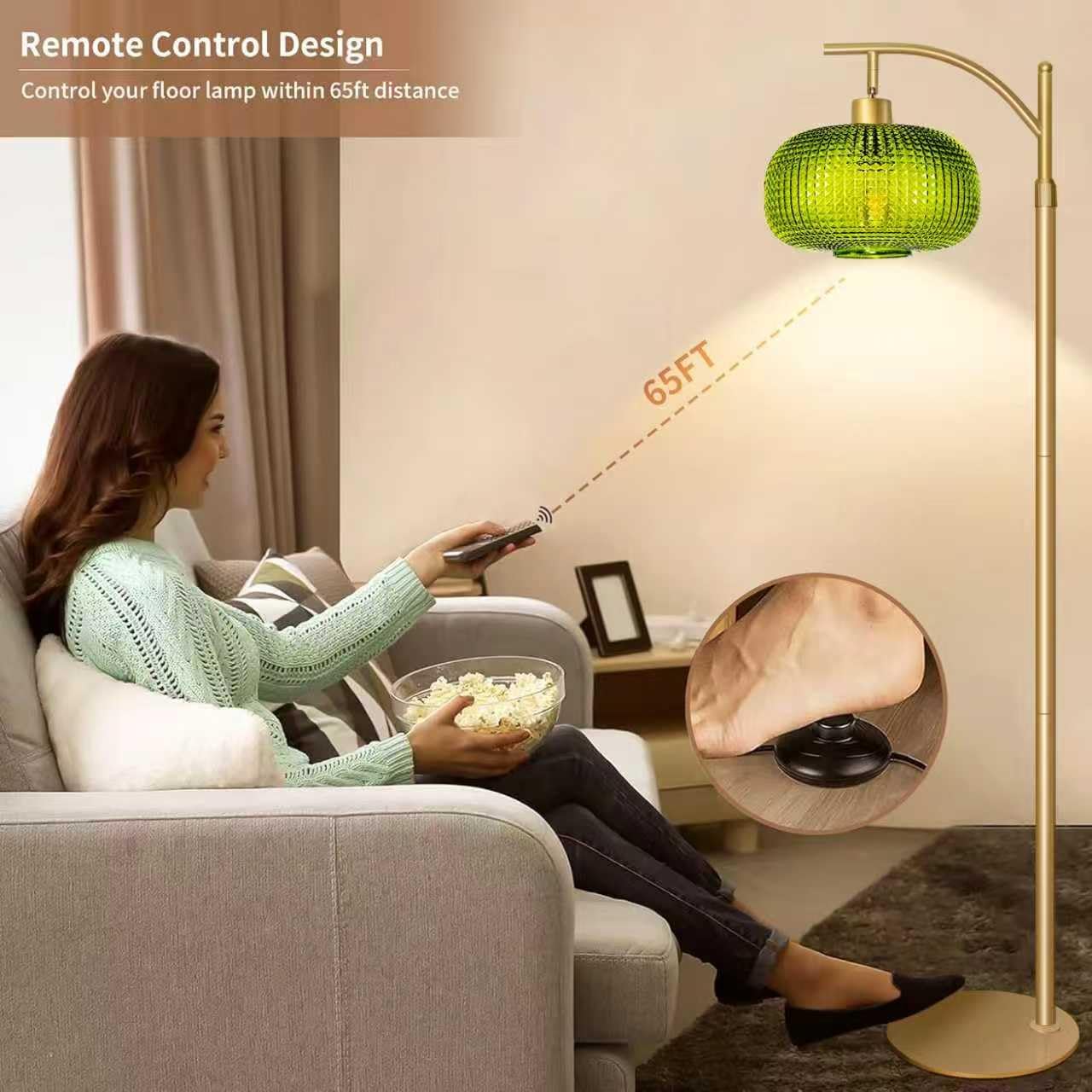 Modern Floor Lamp for Living Room, Mid Century Tall Standing Lamp Green Glass Lamp Shade, Dimmable Gold Tall Pole Lamp for Bedroom Office with Remote, 1 x 12W LED Edison Bulbs Included