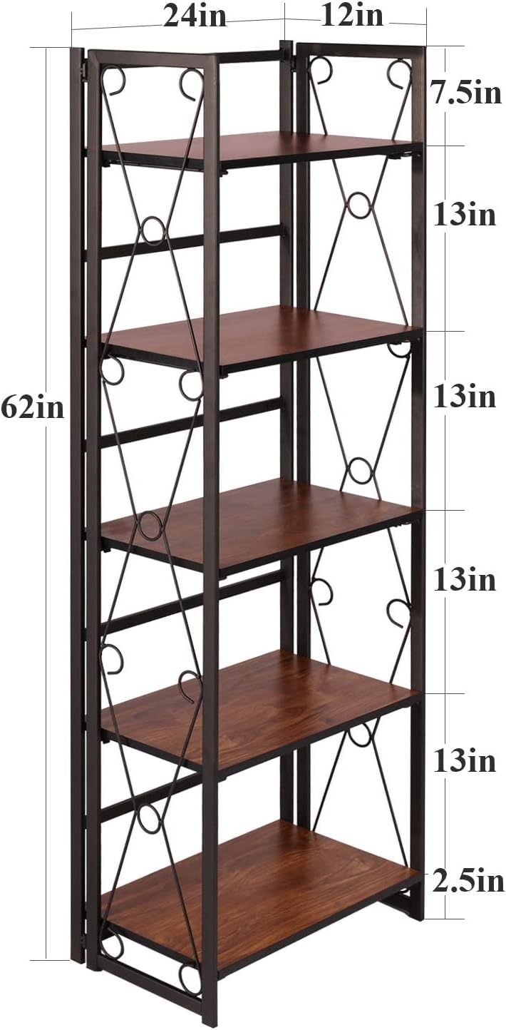 VECELO 5 Tier Bookshelf, Industrial Folding Bookcase with Metal Frames,Modern Standing Storage Rack Shelf Organizer for Home and Office,