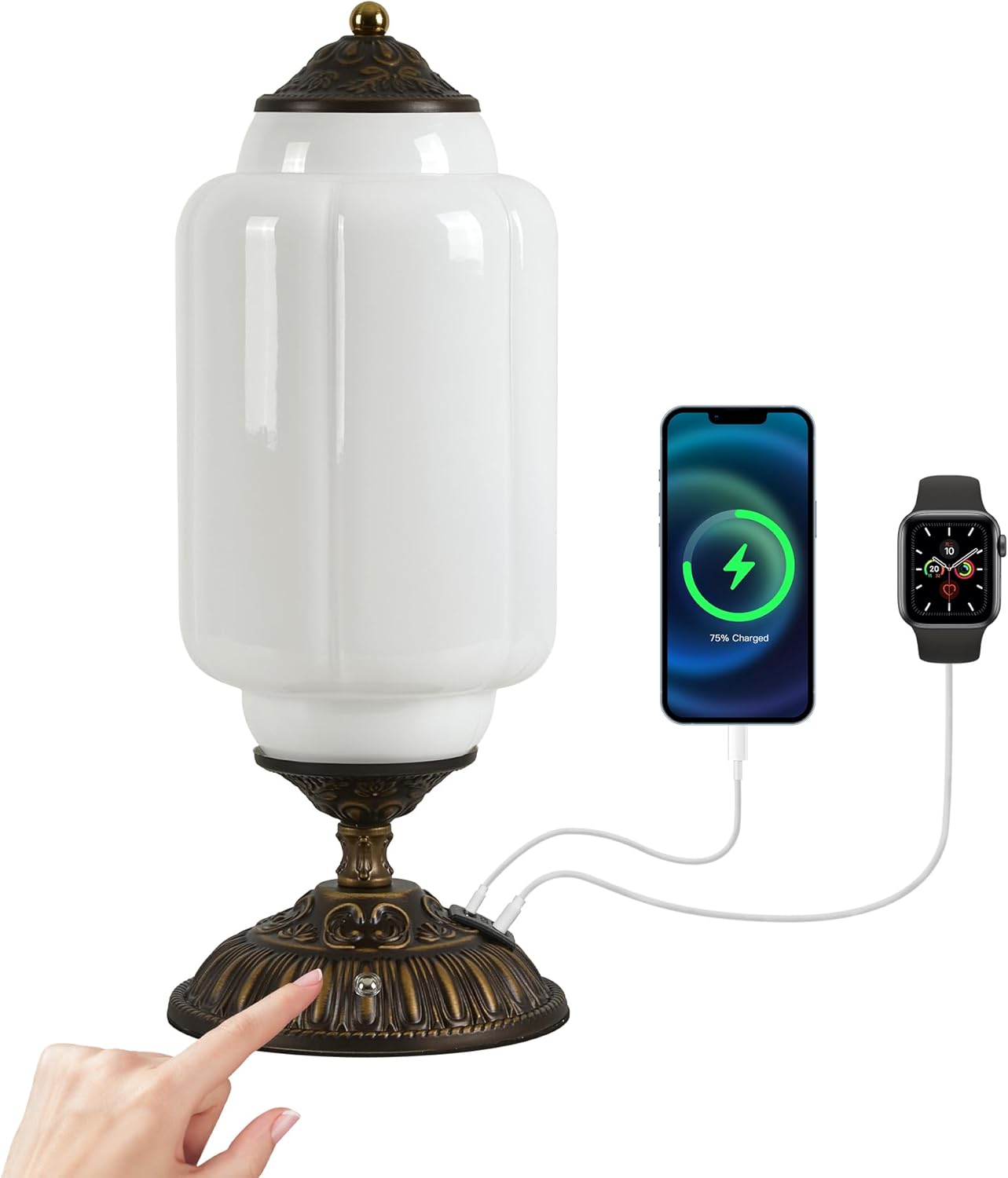 Vintage Milk Glass Table Lamp - 3 Way Dimmable Touch Control - White Bedside Lamps with USB C+A Charging Ports - Cute Art Deco Modern Living room End Table Lamp for Bedroom Nightstand Tabletop(Bulbx1)
