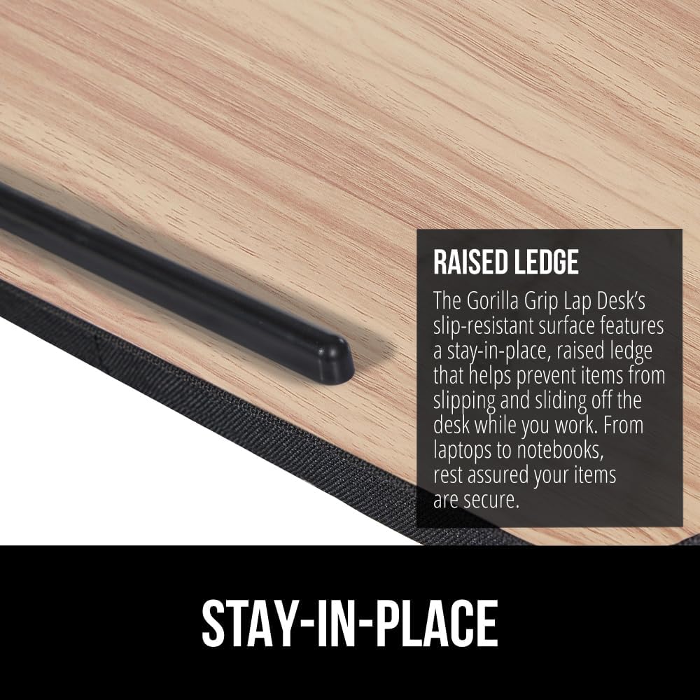 GORILLA GRIP Laptop Lap Desk with Phone Holder, Pillow Cushion Desks Fit Laptops up to 15.6", Gifts for Home, Portable Travel Workstation, Tray Ledge Keep Computers in Place, Light Wood Color