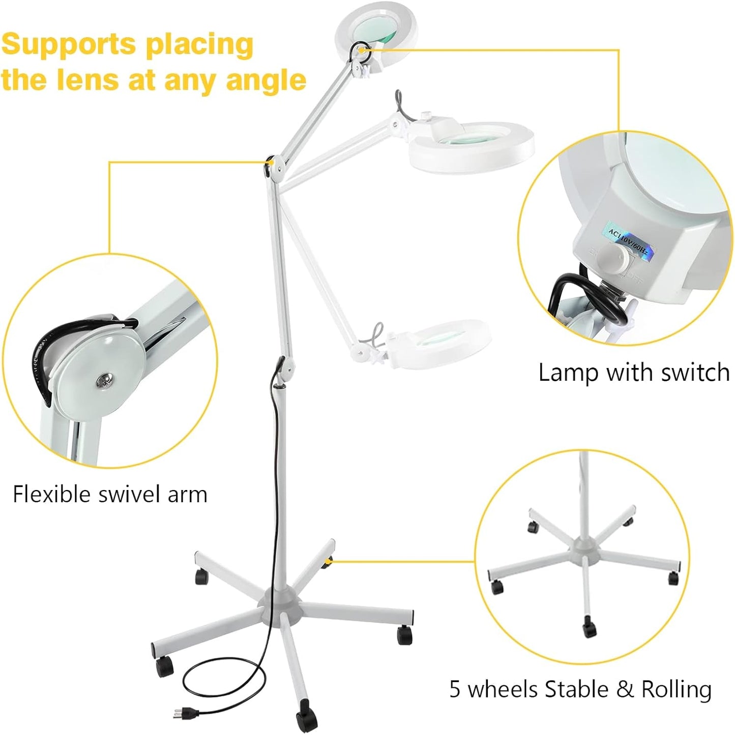 VARIPOWDER 5X Magnifying Glass with Light and Stand, Magnifying Floor Lamp with 5 Wheels Rolling, Estheticians Mag Floor Lamp for Facials, Magnifier for Esthetician Facial Salon, Sewing, Close Work