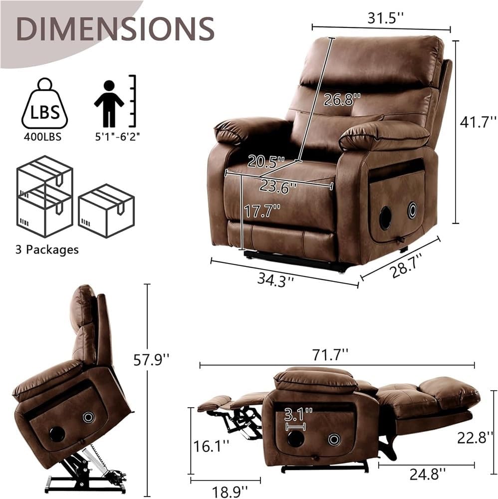 Power Recliner Chair with Heat & Massage Brown Leather Electric Lift Recliner Chair with Dual Motors Infinite Position Lay Flat Luxury Home Theater Reclining Sofa Seat