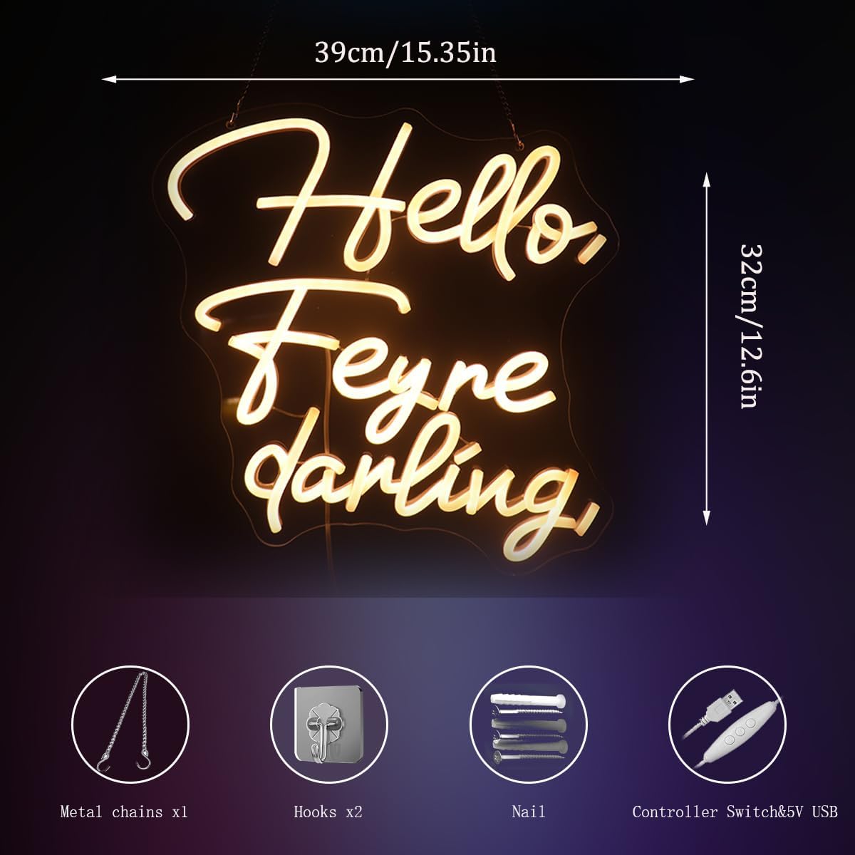 "Hello, Feyre Darling" Bookish Quote Light - Whimsical LED Decor for Fan's Bedroom, Reading Nook or Bookshelf Decor, Dimmable USB, Magical Gift for ACOTAR & SJM Fans