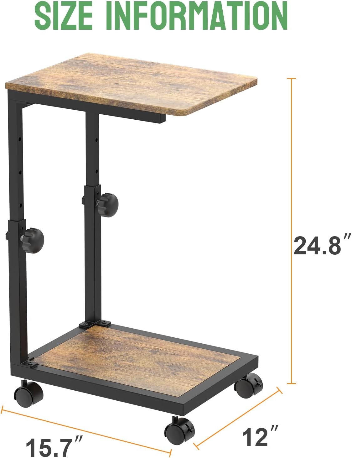 C Shaped End Table with Rolling Wheels, Height Adjustable Sofa Side Table for Small Space Bedroom, Industrial TV Tray Couch Table Cart for Living Room, Retro Brown & Black