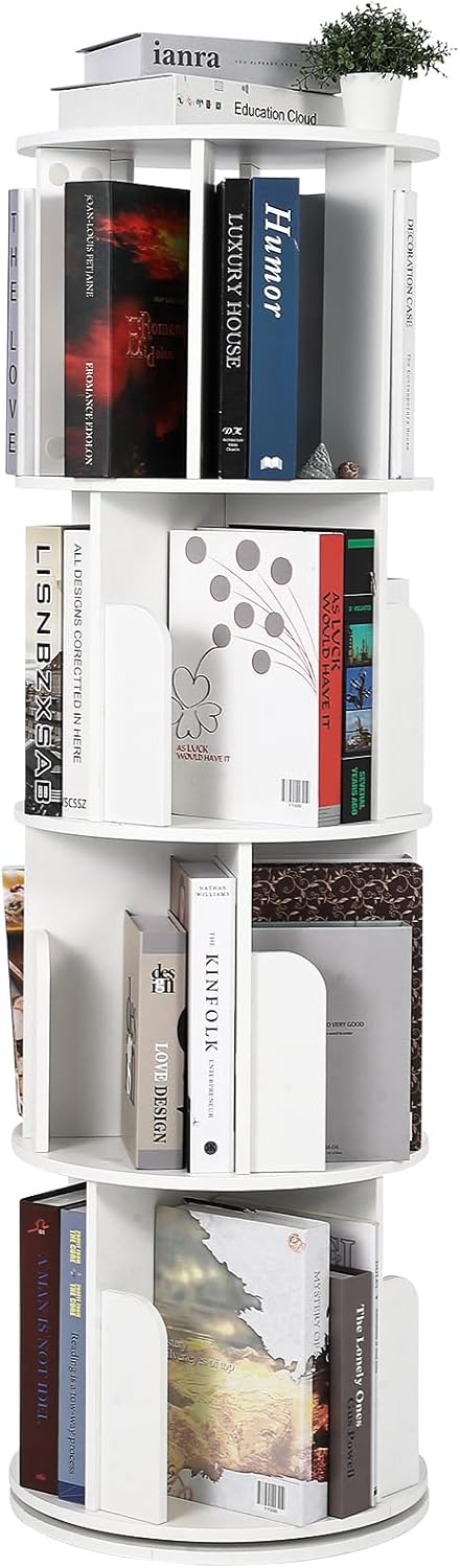 GarveeLife Wooden Rotating Bookshelf 4 Tier, 360° Floor-Standing Bookcase and Multi-Functional Storage Organizer for Living Room, Kids, and Adults White