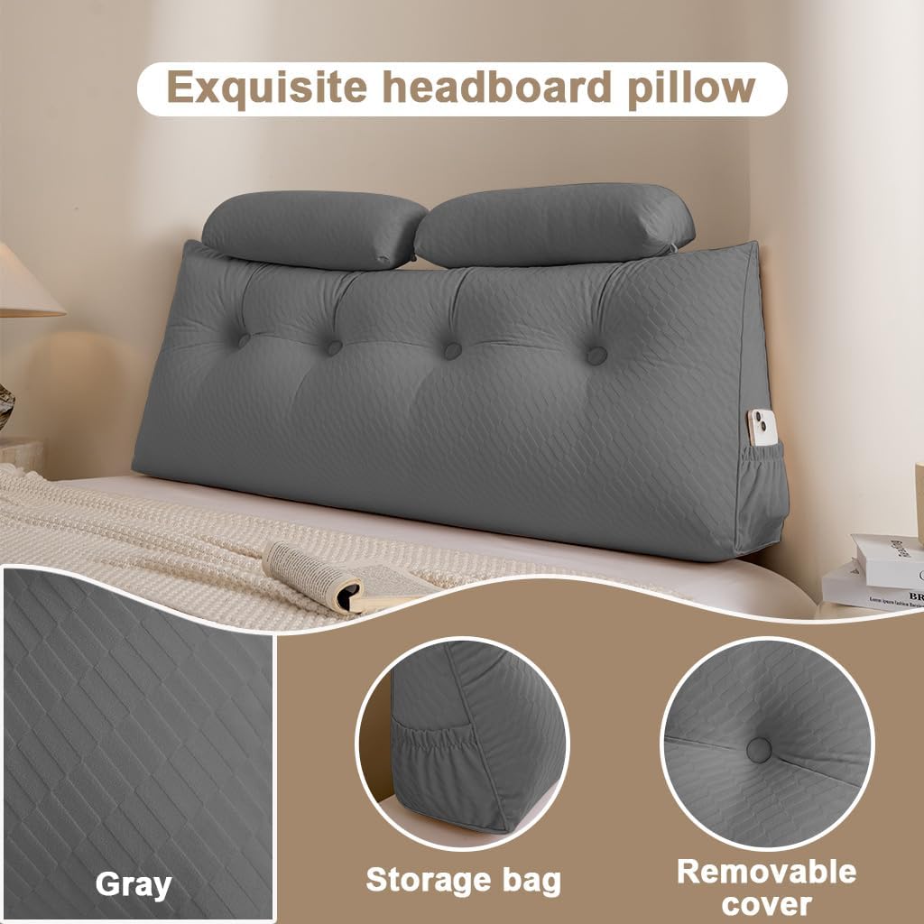 Velvet Triangular Headboard Wedge Pillow With Roll Pillow,Removable Cover Headboard Pillow Daybed Bunk Bed,Backrest Positioning Support Pillow Resting Reading Relaxing (Grey, King(76 * 20 * 8in))