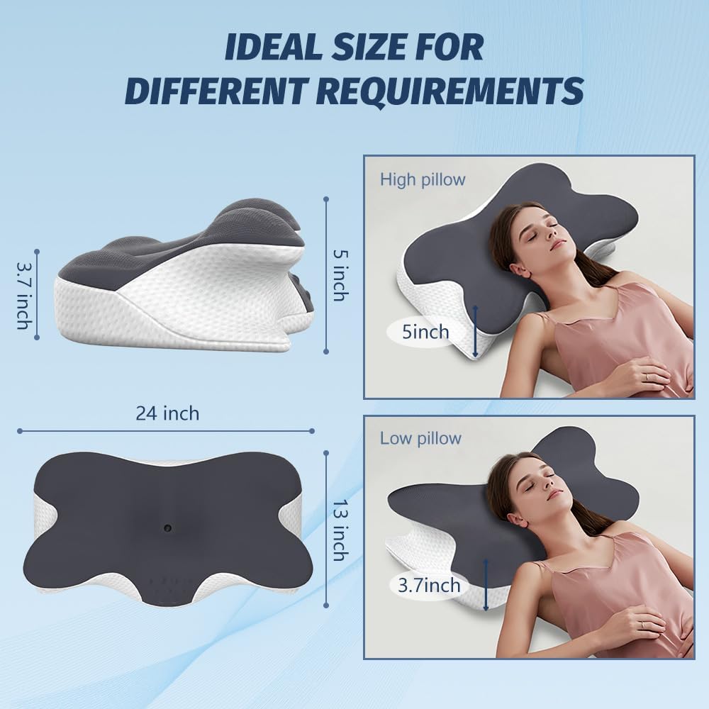 Cervical Neck Pillow for Neck Pain Relief, Ergonomic Neck Support Pillow for Sleeping, Contour Memory Foam Side Sleeper Pillow for Back Stomach Sleepers with Pillowcase