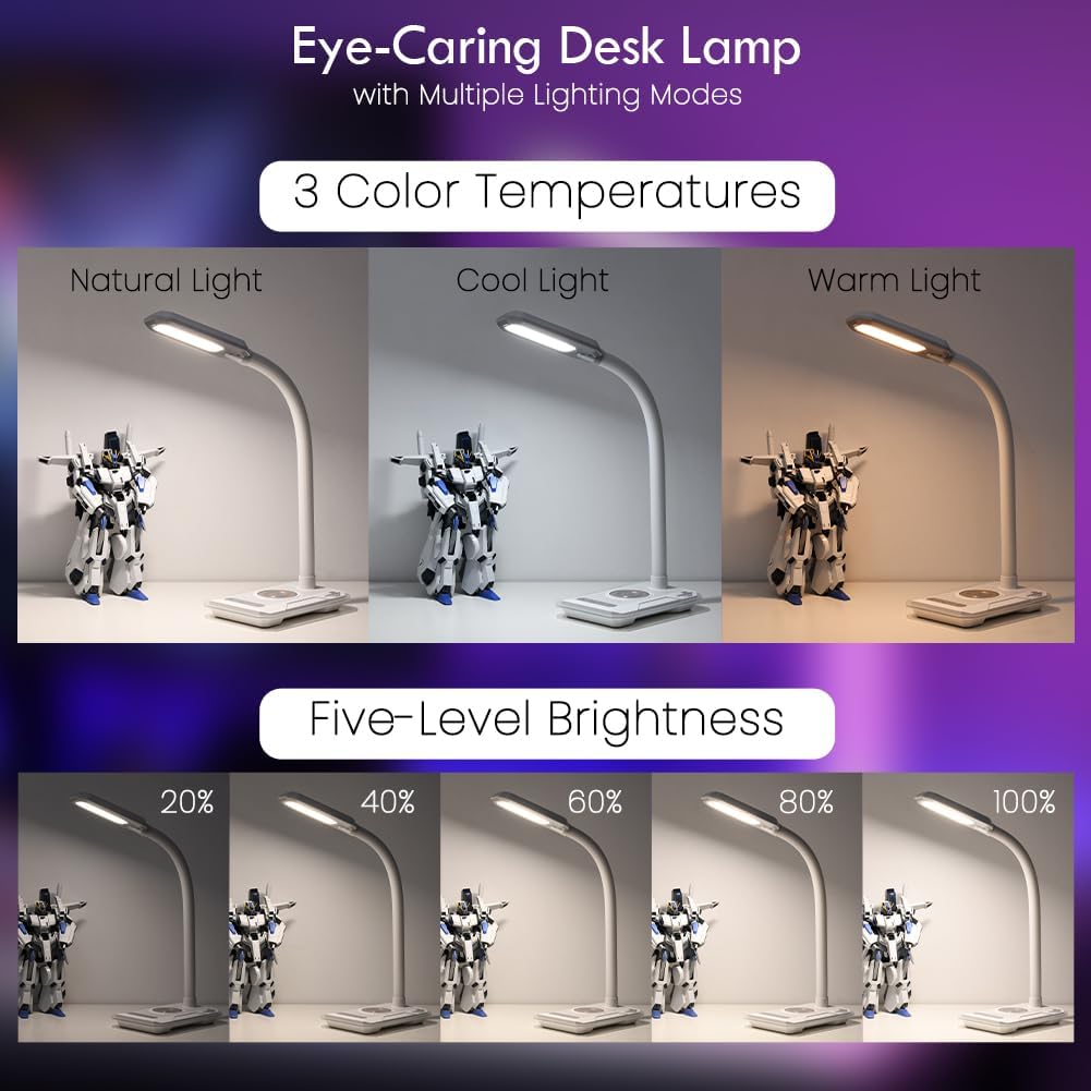 RGB Gaming Desk Lamp with Music Sync,Dimmable LED Lamp with Wireless Charging Station,USB Charging Port,Color Changing Touch Control Light for Gamer Room Decor,Reading,Office,Gift Ideas