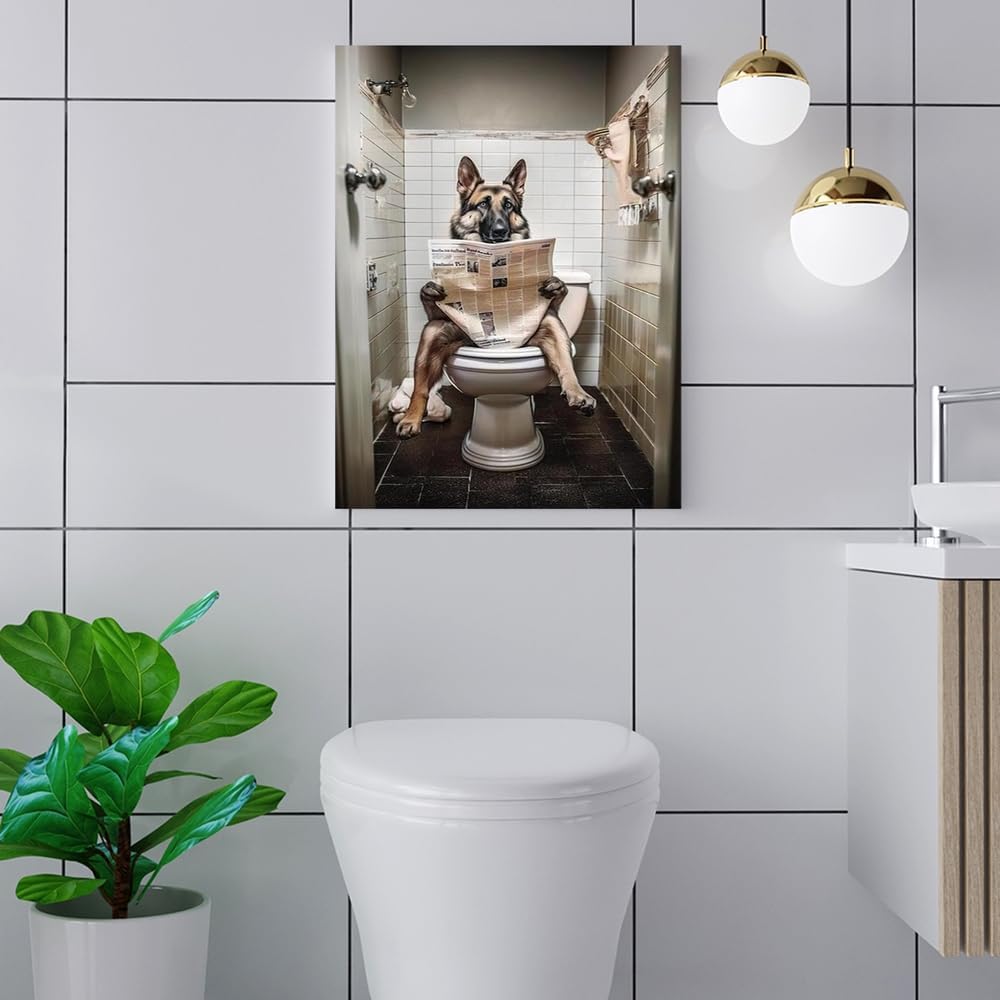 Funny Dog Bathroom Wall Decor German Shepherd Dog On Toilet Reading Newspaper Aesthetic Posters Cute Dog Art Prints Bathroom Art Bathroom Decor Bathroom Pictures Gift for Dog Lovers 16"x24"