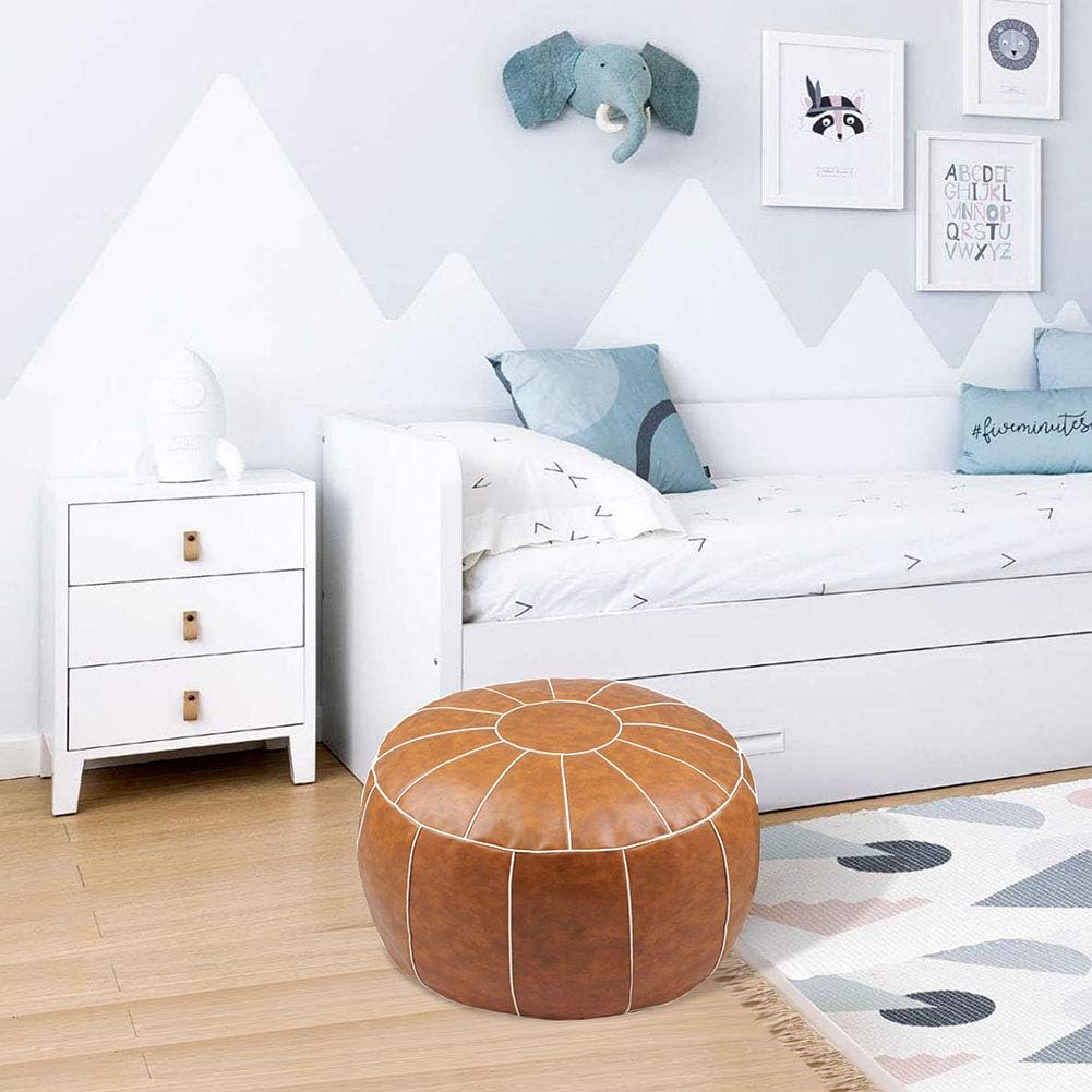 Decorative Pouf Foot Stool Round Unstuffed Leather Ottoman Cushion Storage seat or for Resting Your Feet on, Floor Chair Foot Living Room Bedroom Kids Room and Wedding (Brown)