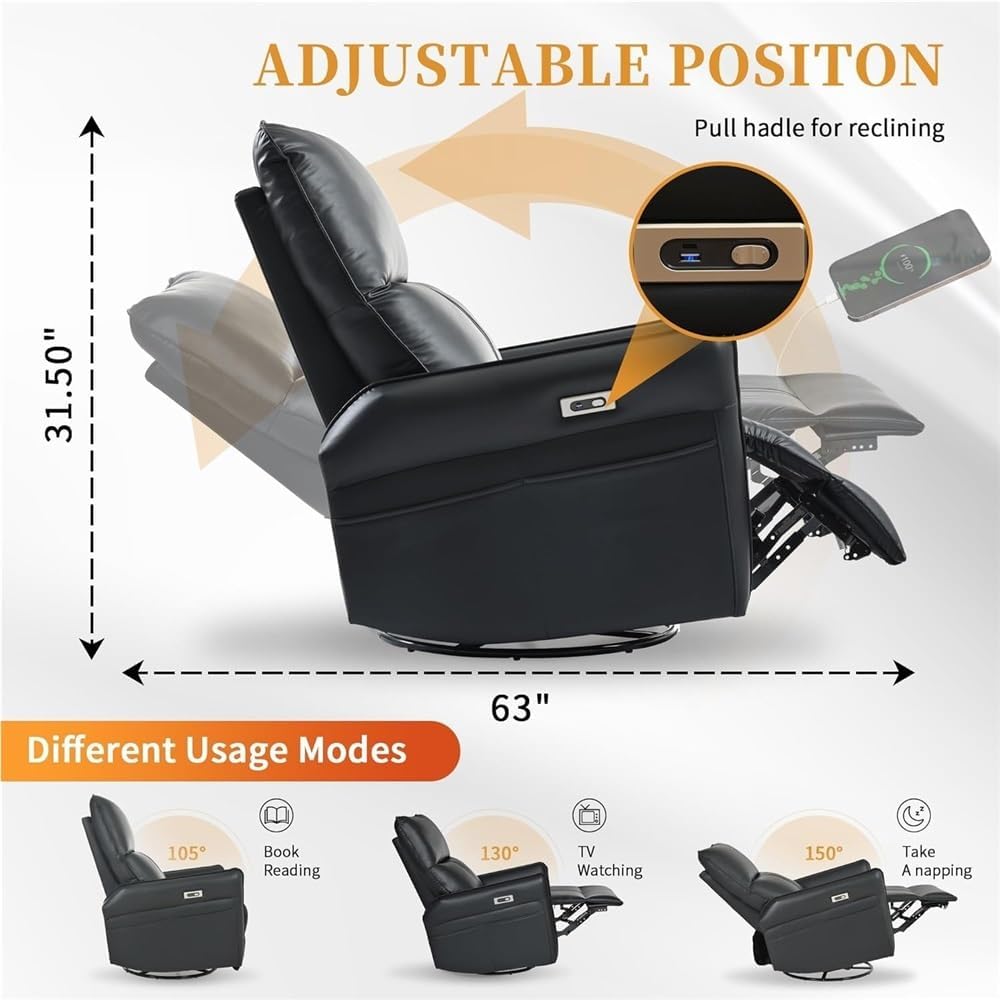 Power Swivel Rocker Recliner Chair with USB Ports, 270° Swivel Glider Recliner Chair for Small Spaces, Comfor Upholstered Electric Recliner Chair, Living Room Reclining Sofa