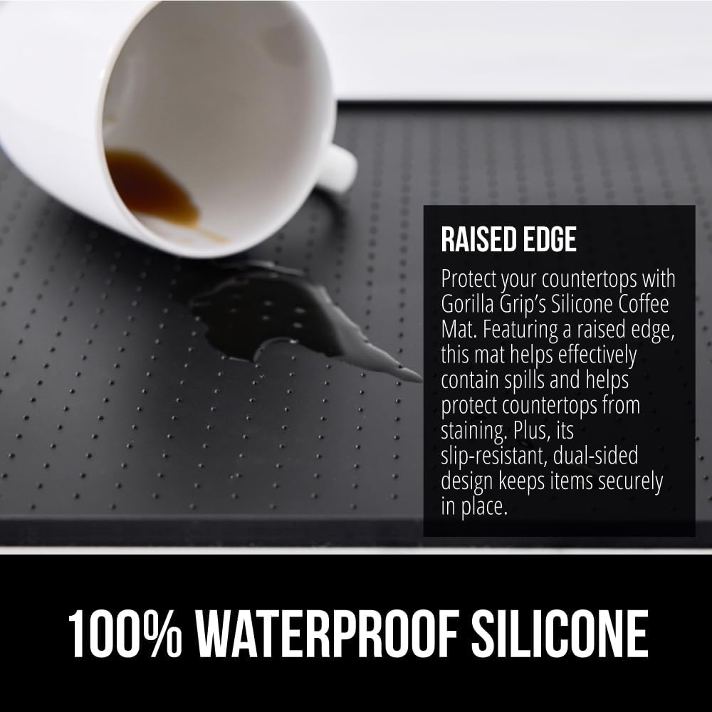 GORILLA GRIP Silicone Coffee Mat, Espresso Machine Bar Accessories, Keep Kitchen Counters Clean, Stays in Place, Waterproof and Heat Resistant Dish Drying Mats, Home Decor Essentials, 11.5x18.6, Black