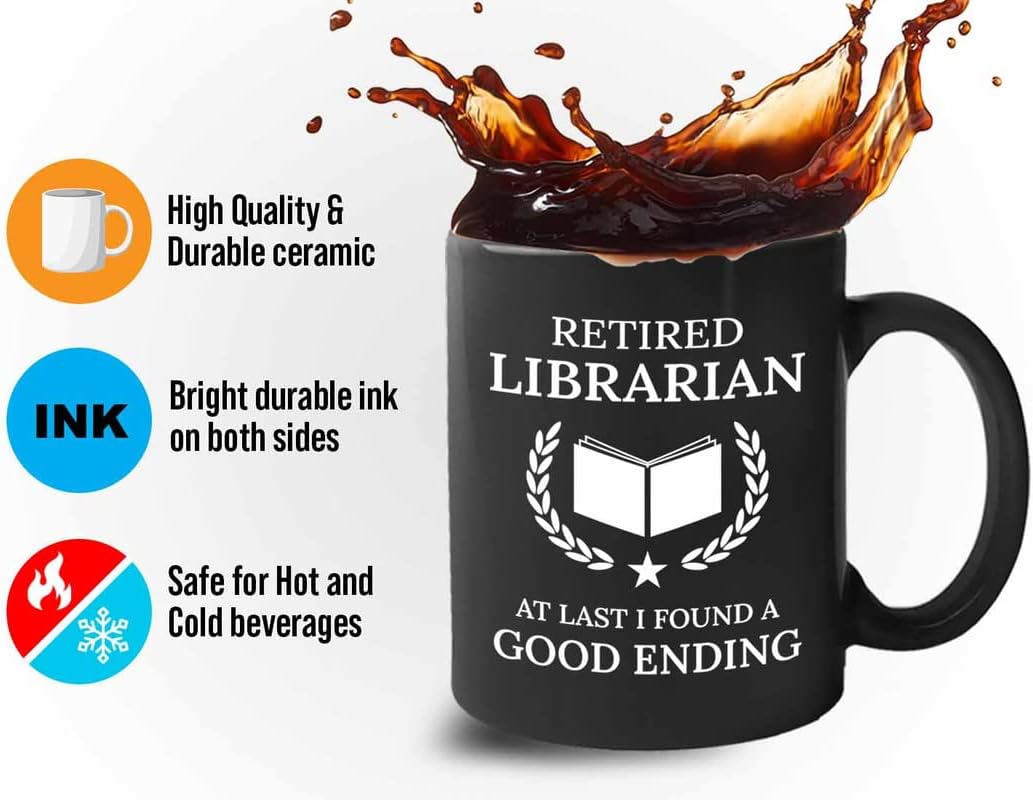 Retirement Coffee Mug 11oz Black - Retired Librarian Good Ending - Funny Retired Vintage Gift For Coworker Grandpa Dad Book Lover Librarian Bookworm Writer Reader