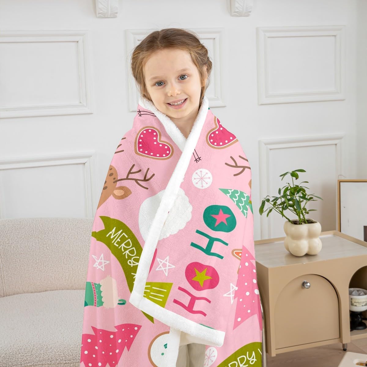 Erosebridal Pink Christmas Throw Blanket - Cartoon Santa Claus Fleece for Kids, Boys, Girls, Women - Snowman Pine Fuzzy Sherpa With Christmas Tree, Cute Deer - Baby Size Xmas Decor