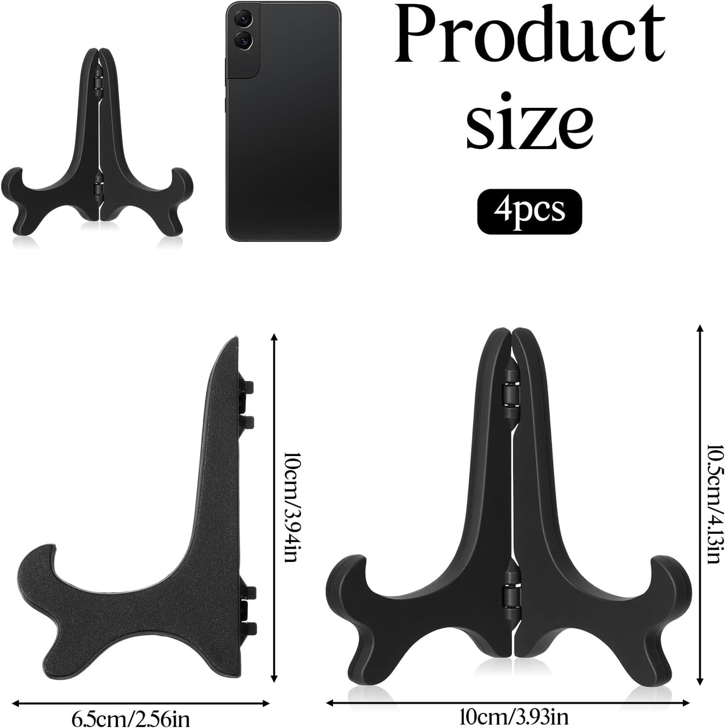 4PCS Plastic Plate Stands, 4 Inch Decorative Picture Holder for Displaying, Black Wood-like Easels for Sign, Cookbook, Now Playing Vinyl Record, Recipe Book