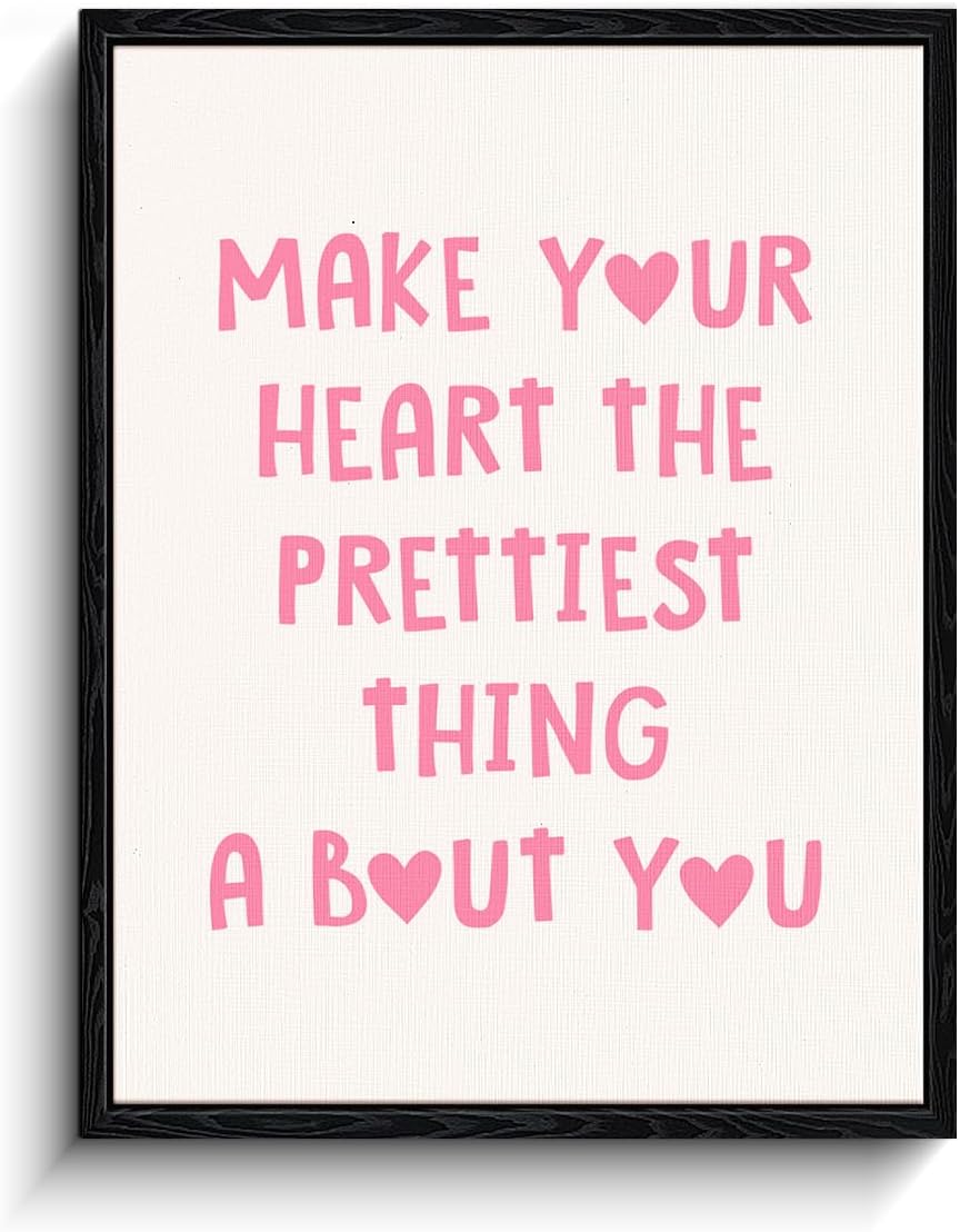 Motivational Quote Wall Art, kind heart message, pastel minimalist wall decor, matte finish framed canvas print, positive affirmation poster artwork, for girls room dorm gift, 12x15 inch