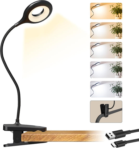 CUHIOY Clip on Reading Light for Bed Headboard, 5 Colors 5 Brightness Desk Lamp with Strong Clamp, USB-C Rechargeable Gooseneck Night Light for Kids Bunk Bed Shelf, Perfect for Reading & Working