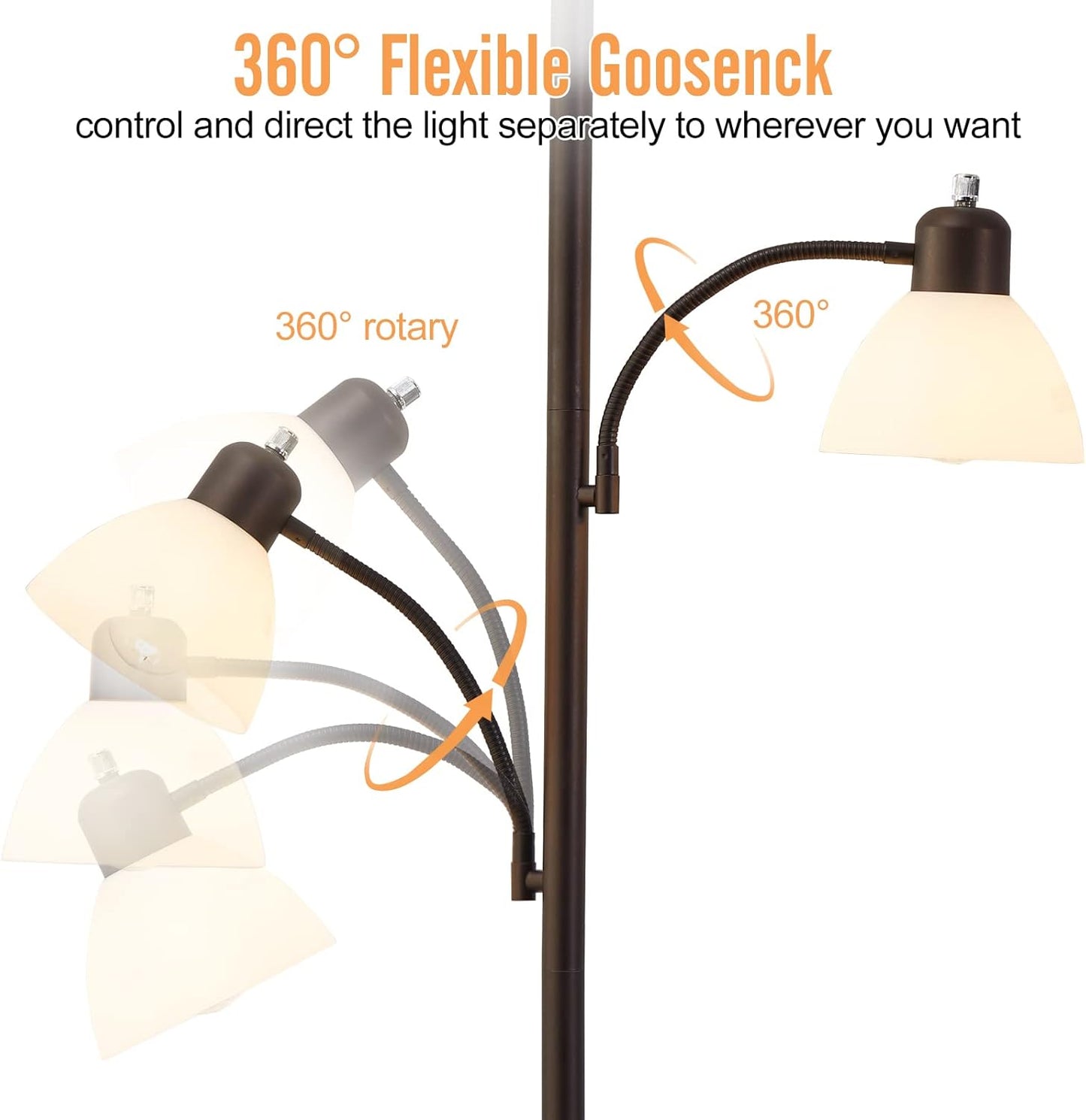 Luvkczc Floor Lamps for Living Room, 72" Tall Standing Lamp, Torchiere Lamp with 2 Reading Lamps, Industrial Bright Floor Lamp for Bedroom, Office, Dresser, Brown Lamps, 3 LED Bulbs Included