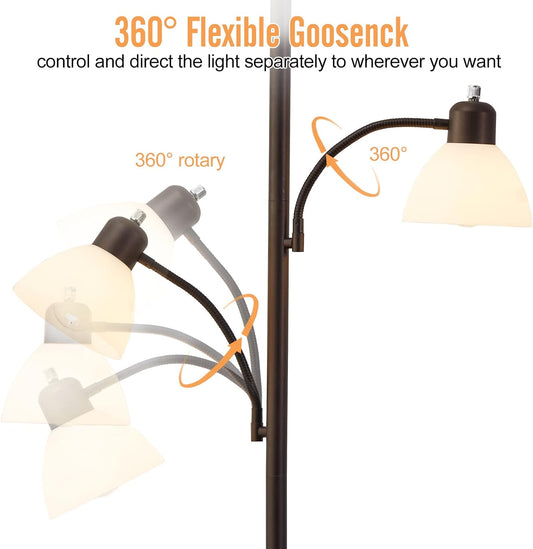 Luvkczc Floor Lamps for Living Room, 72" Tall Standing Lamp, Torchiere Lamp with 2 Reading Lamps, Industrial Bright Floor Lamp for Bedroom, Office, Dresser, Brown Lamps, 3 LED Bulbs Included