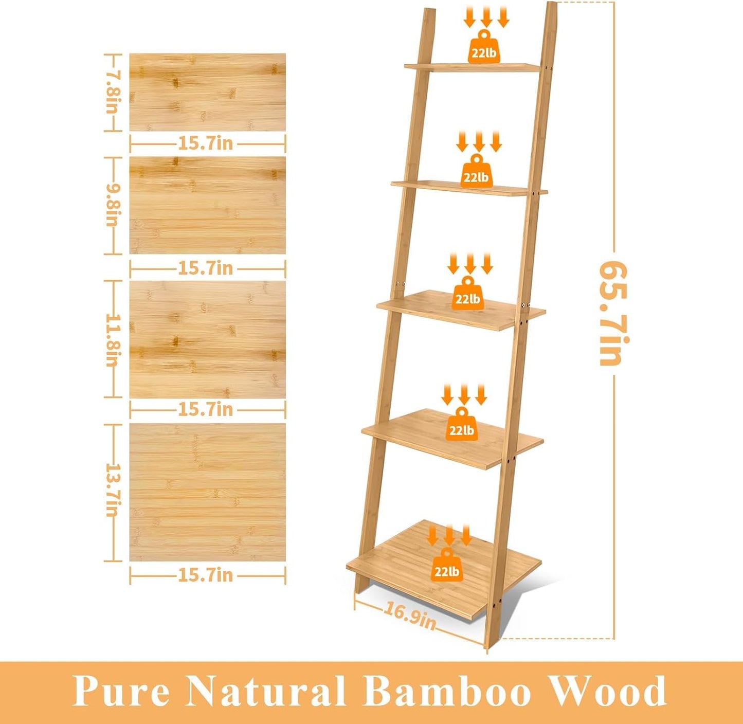 HYNAWIN Wall Leaning Ladder Shelf Bookcase,5-Tier Bamboo Storage Rack Shelvest,FreeStanding Plant Stand, Corner Display Shelves for Living Room, Bathroom, Kitchen, Office(65in)
