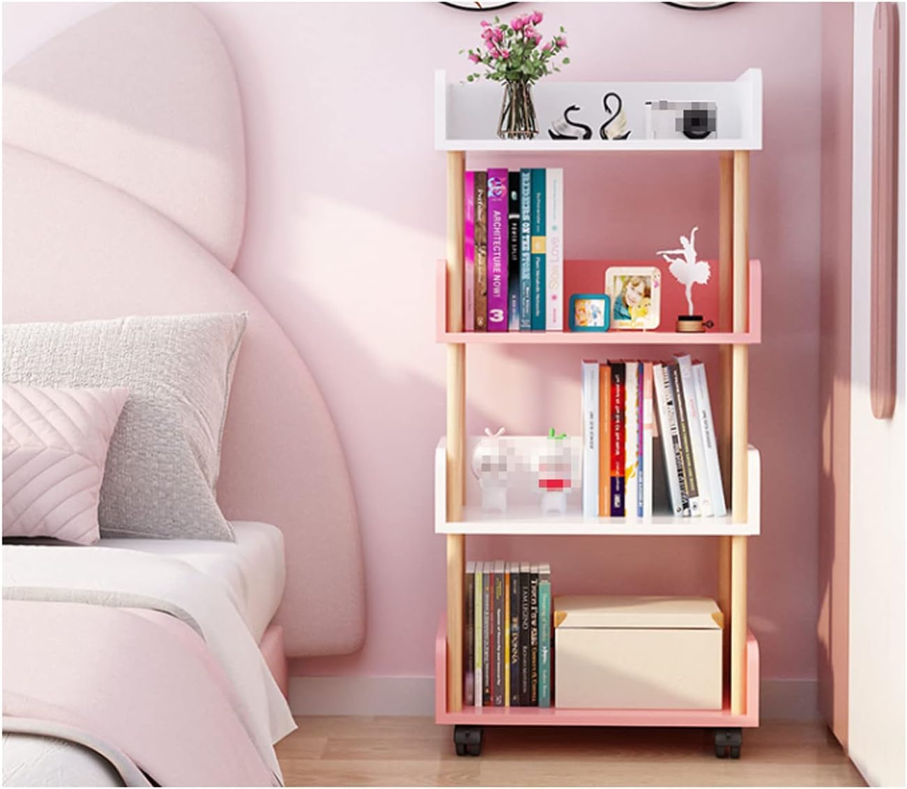 Modern Open Bookcase with Universal Wheels - Multifunctional Free Standing Bookshelf, Wooden Storage Organizer, Stylish Display Shelf for Living Room, Office, or Home Librar