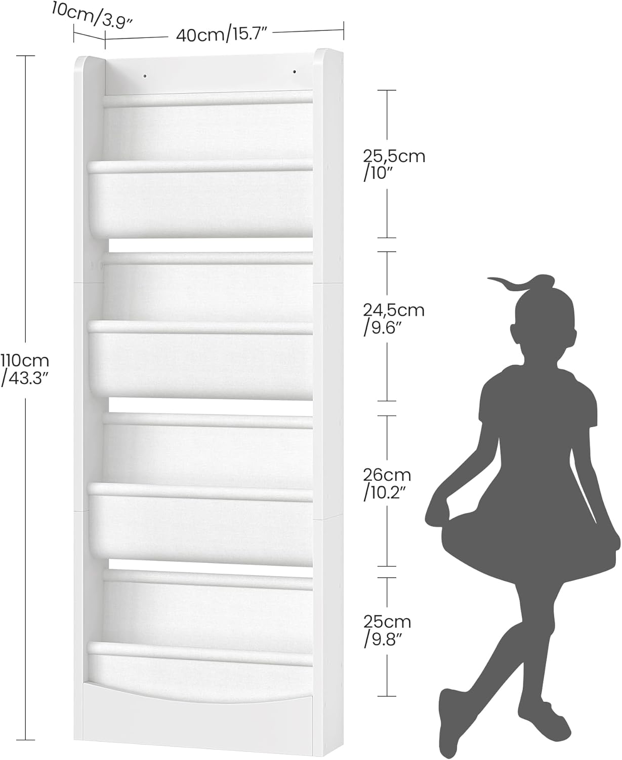 Wall Mounted Kids Bookshelf, 4 Tier Fabric Book Shelf for Kids Rooms, Bookshelf Organizer for Nursery, Classroom, Door Behind, Holds Books, Toys, White MCW40WB