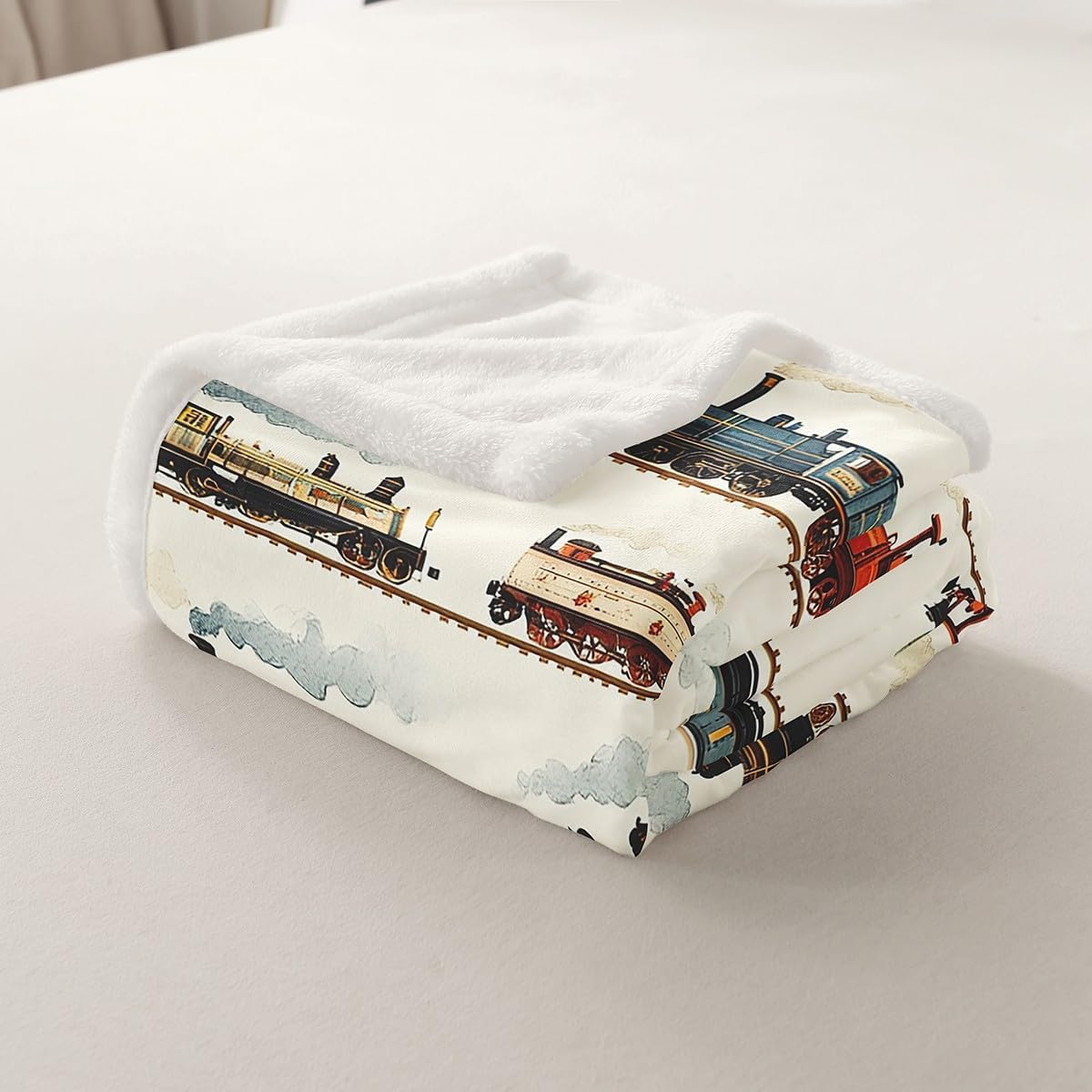 Feelyou Kids Vintage Train Fleece Throw Blanket Throw 50"x60" Retro Steam Engine Sherpa Blanket Boys Girls Retro Steam Locomotive Train Plush Blanket Vehicle Train Fuzzy Blanket