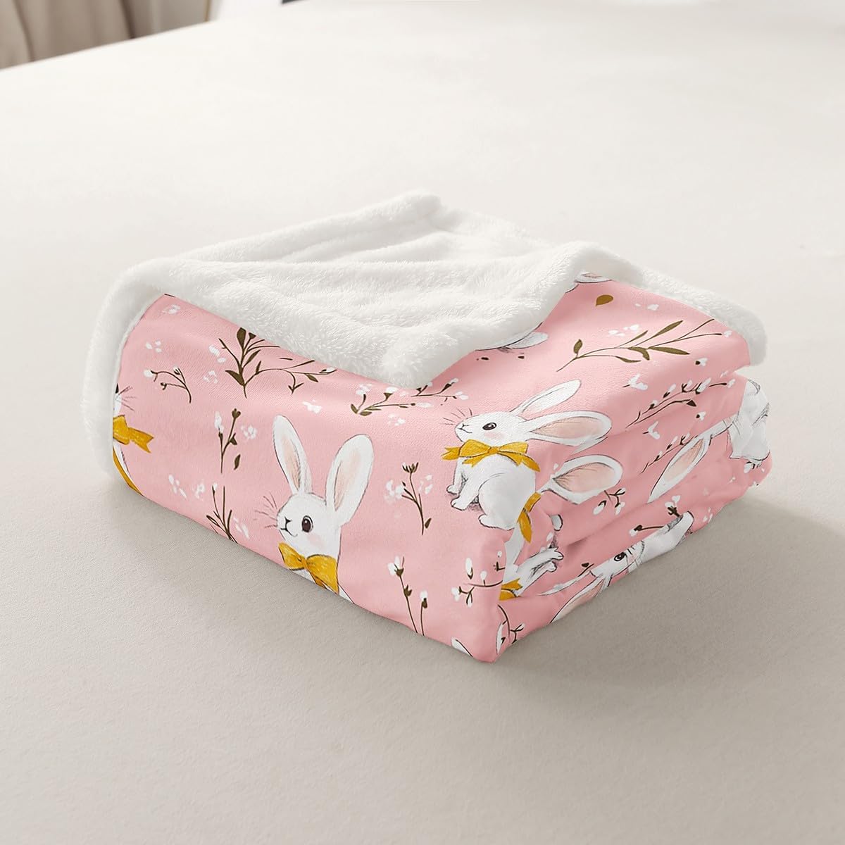 Cute Rabbit Throw Blankets Cartoon Bunny Pink Fleece Flannel Throws Boys Girls Lovely Little Floral Rabbit Decor Soft Cozy Fleece Blankets Botanical Animal for Sofa Bed Couch,40x50 Inches