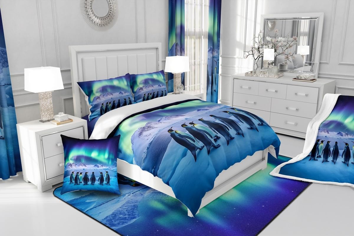 Feelyou Penguins Fleece Throw Blanket Twin 60"x80" Aurora Plush Blanket Cartoon Penguin Sherpa Blanket Ocean Blue Fuzzy Blanket Room Decor Small Animall Flannal Blanket