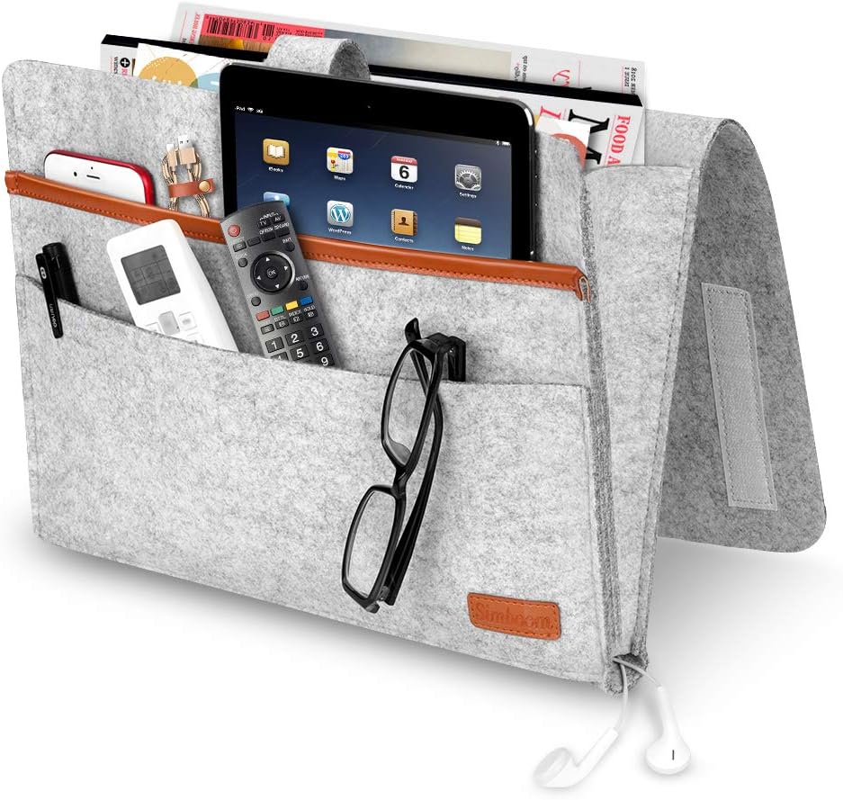 Bed Organiser, Felt Bed Bag, Non-Slip Bedside Bag, Sofa Bed Hanging Storage for Book, Magazines, iPad, Mobile Phone, Remote Control, Light Grey