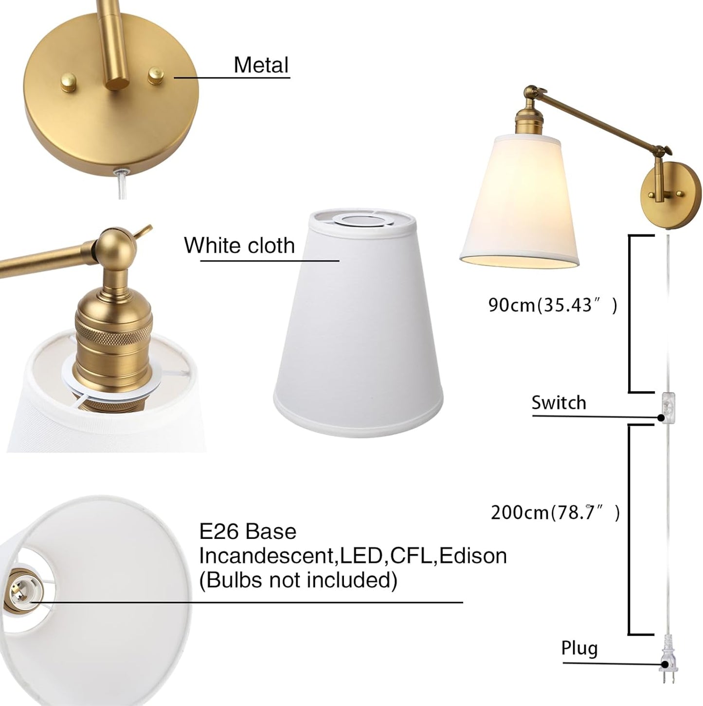 PERMO Retro Swing Arm Wall Sconce Plug in Wall Lamp Single Sconce Light Fixture with White Fabric Shade for Bedroom Living Room Home Office