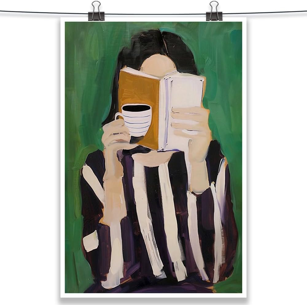 Trendy Women Reading Book Posters Emerald Green Striped Wall Art Abstract Coffee Decor Modern Feminine Canvas Minimalist Woman Pictures Print Aesthetic for Living Room Bedroom House 12x16in Unframed