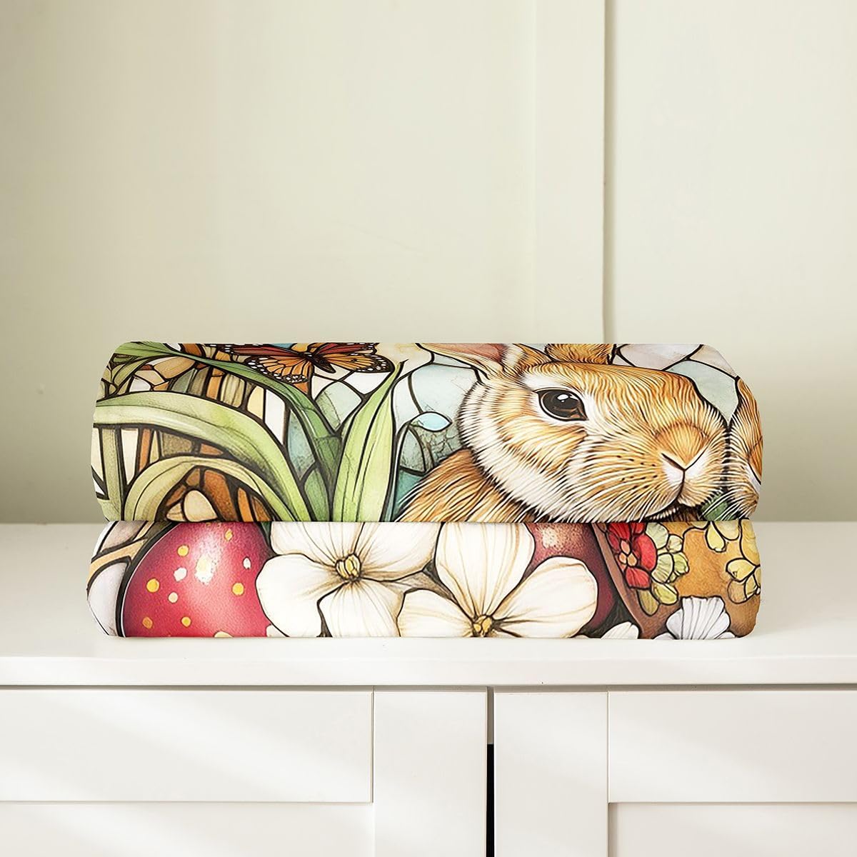 Manfei Cute Rabbits Flannel Blanket Colorful Eggs Flower Butterfly Throw Blanket Easter Theme Cozy Throws for Bed Couch Sofa,Kids Boys Girls Room Decor,Soft and Breathable(50 x 60 Inches)