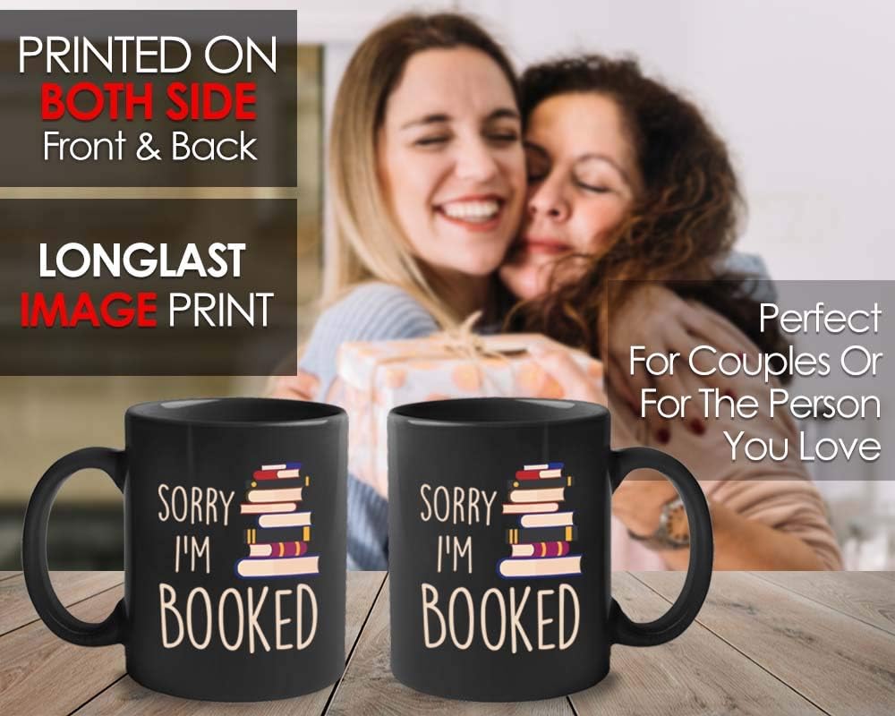 Bubble Hugs Bookish Coffee Mug 11oz Black - Sorry I'm Booked - Introvert Bookworm Book Lover Librarian Love Reading