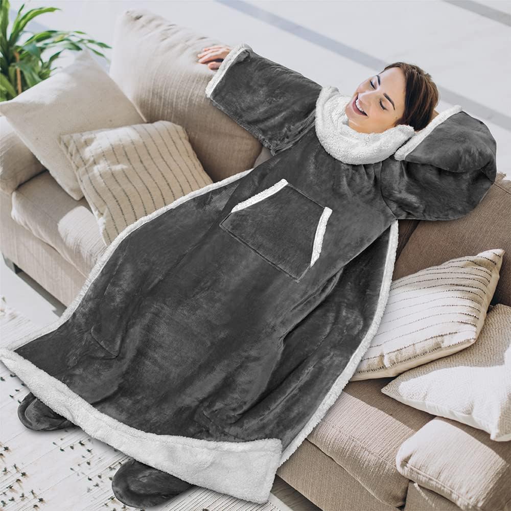 PAVILIA Sherpa Blanket with Sleeves, Foot Pocket for Women Men Adults, Thick Wearable Blanket Throw Wrap, Fleece Warm Snuggle Blanket Robe, Cozy Gift Ideas Wife Mom, Dark Gray