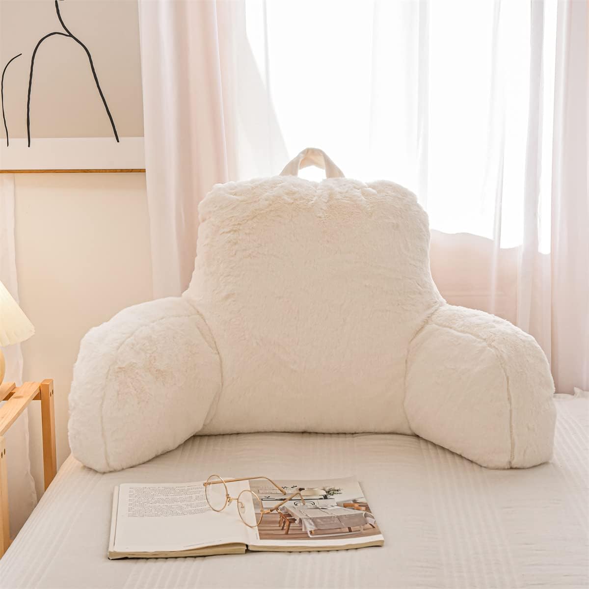 NTBED Reading Pillow Faux Fur Bed Wedge Backrest with Arms,Couch TV Relax Bed Rest Pillow Back Support Cushion for Kids Teens Boys Girls(Ivory)
