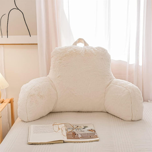 NTBED Reading Pillow Faux Fur Bed Wedge Backrest with Arms,Couch TV Relax Bed Rest Pillow Back Support Cushion for Kids Teens Boys Girls(Ivory)
