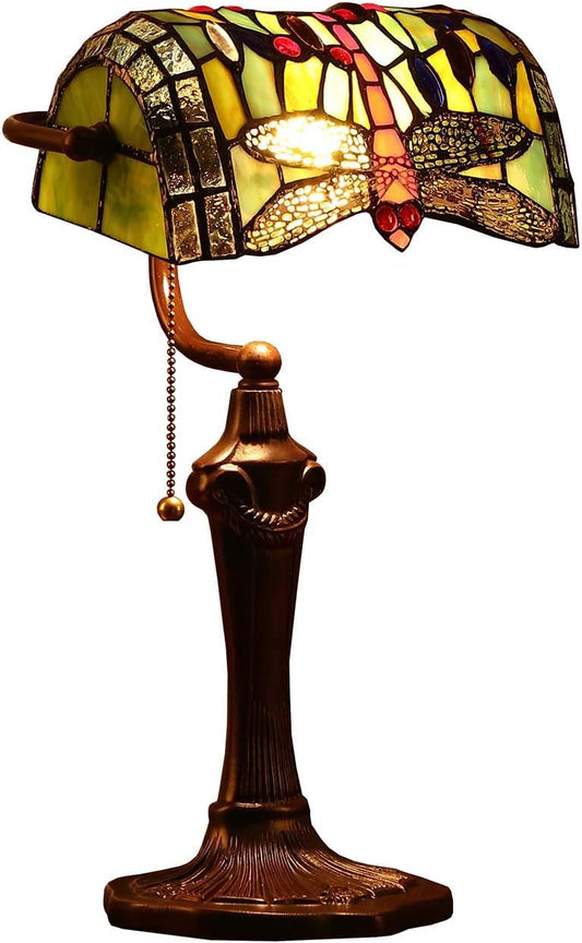 Bieye L10058 Dragonfly Tiffany Style Stained Glass Banker Table Lamp with 10-inch Wide Lampshade and Zinc Base for Reading Working Desk (Green)
