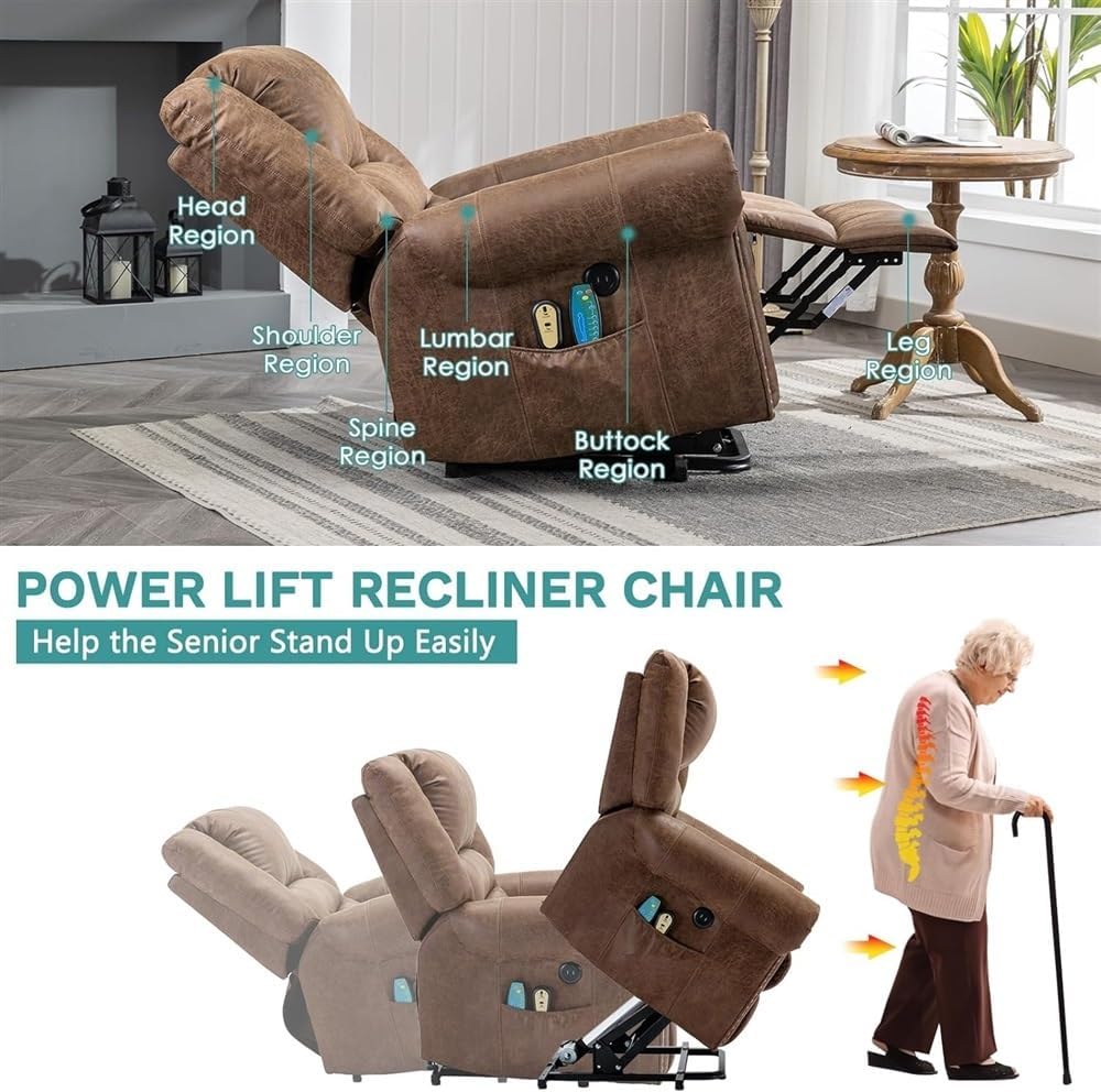 Power Lift Recliner Chair with Heat and Massage, Electric Leather Recliner with USB Port, Adjustable Lift Chair with Remote Control and Side Pockets for Living Room
