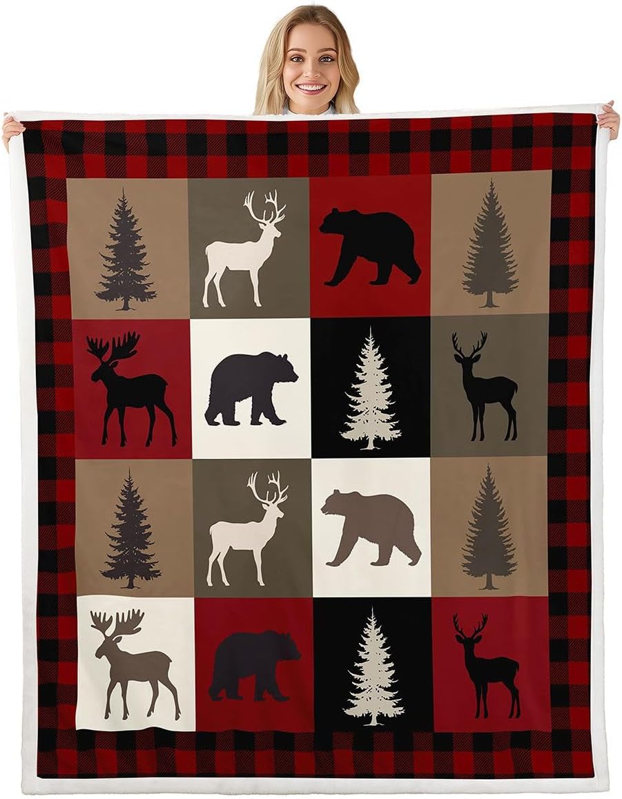 Feelyou Rustic Sherpa Throw Blanket for Couch Cabin Lodge Bear Deer Super Soft Cozy Fleece Western Country Blanket Plush Throw Farmhouse Moose Baby 30"x40" Red Brown Buffalo Check All Season